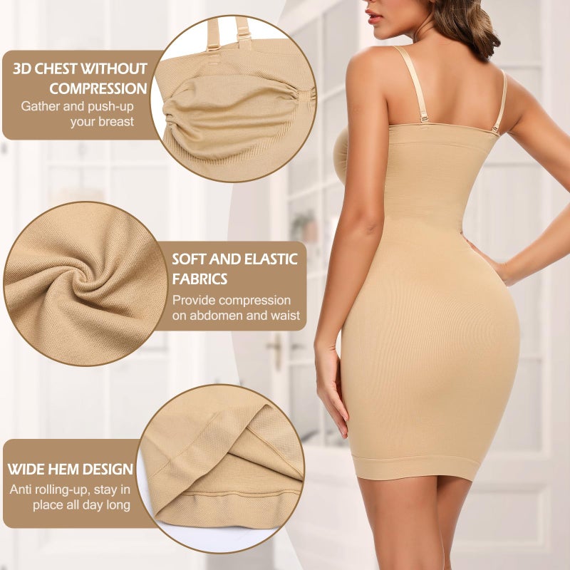 JOYSHAPER Strapless Shapewear Slip for Women Tummy Control Body Shaper Under Dress Full Slip Lingerie Beige M - Image 3